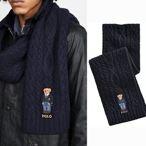 Polo Ralph Lauren Aran St. Andrew Bear Scarf Embroidered Navy Blue Cable Knit